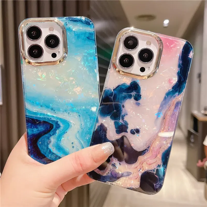 For Glitter Dream Shell Crack Marble Phone Case For iPhone 15 12 11 13 14 16 Pro Max Plus Shockproof Bumper Cover