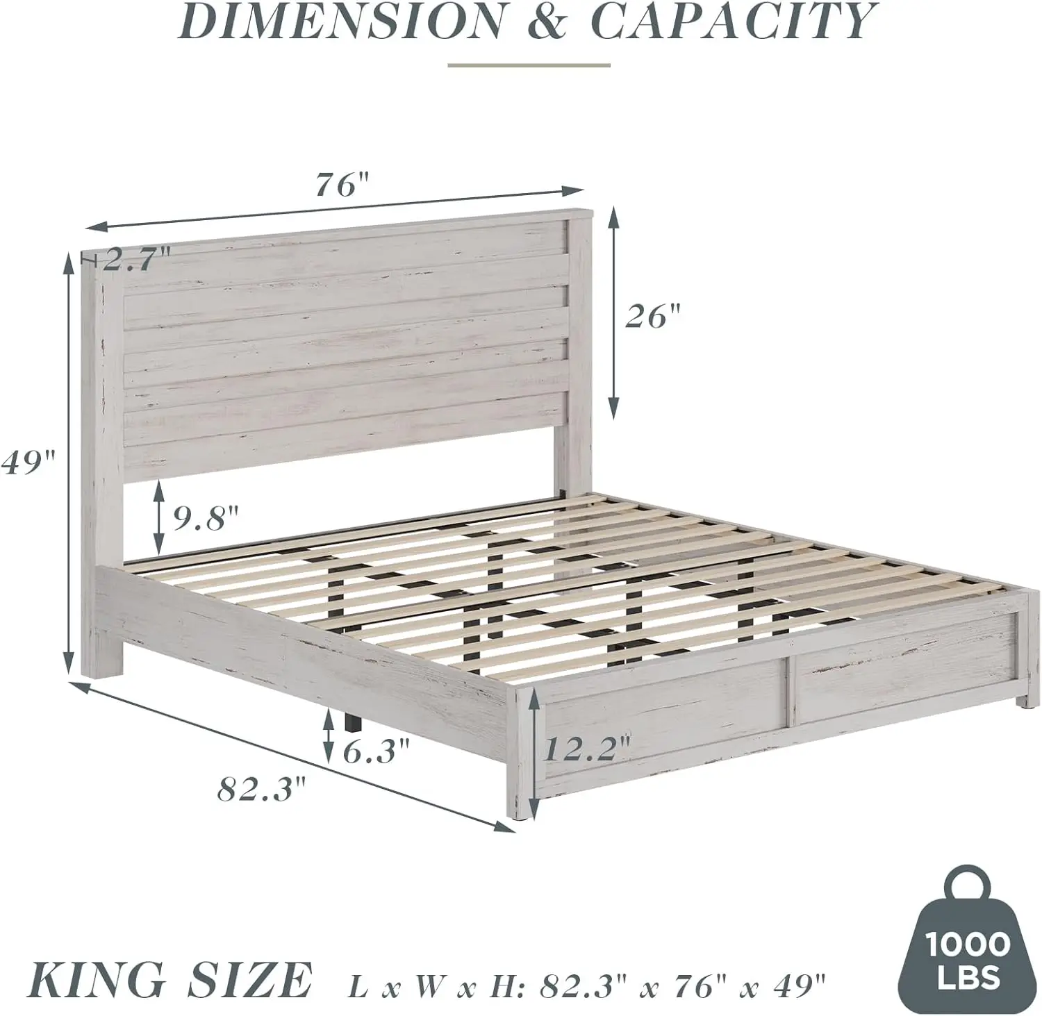 Albott King-Size-Plattformbettgestell mit 49" Kopfteil, Bauernhausbettgestell mit Holzlattenunterstützung/keine Boxspringbett erforderlich/einfach