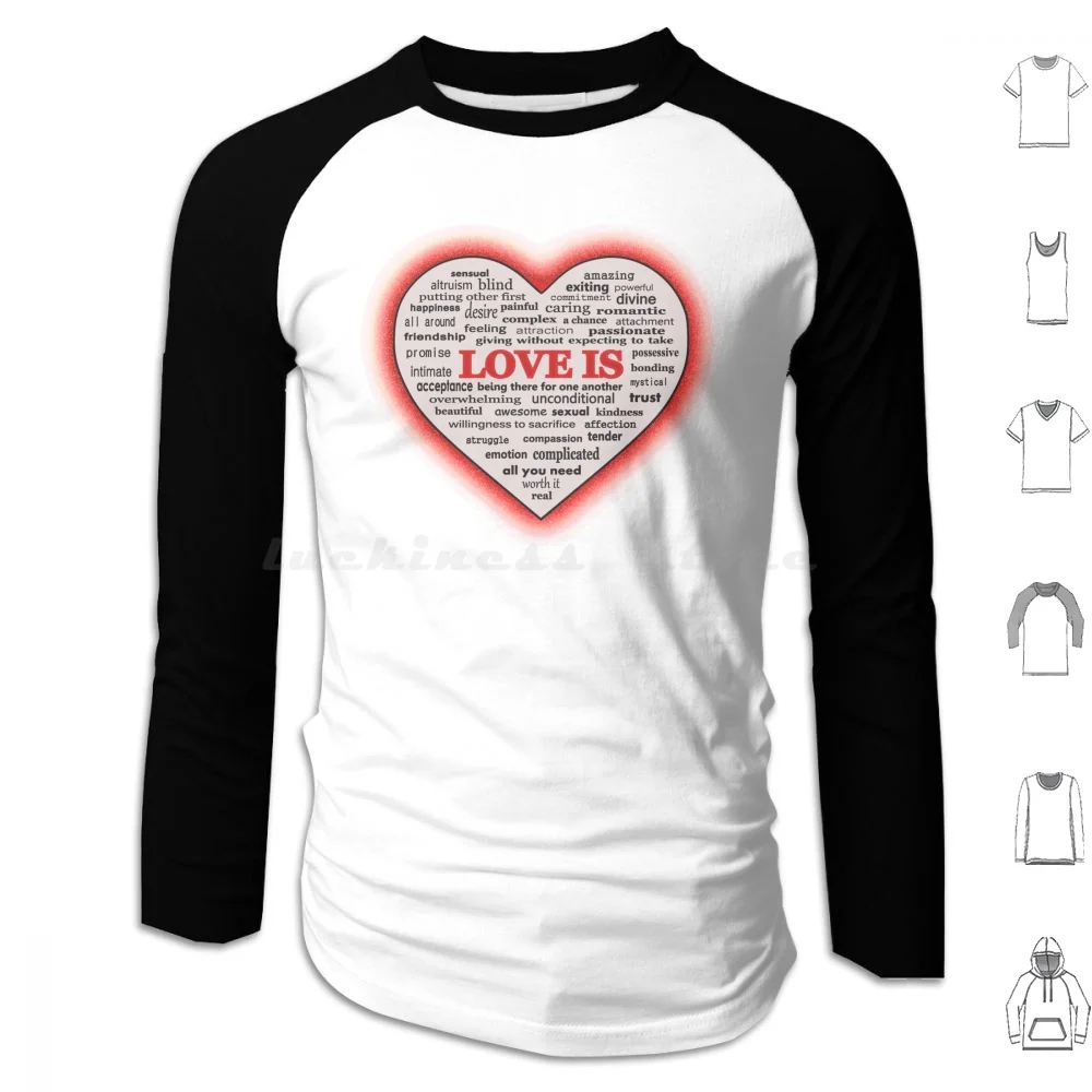 Love Is Sweat à capuche en coton à manches longues, cœur d'amour, fixation d'attraction inconditionnelle, adhésion de la gentillesse, Affection de compassion