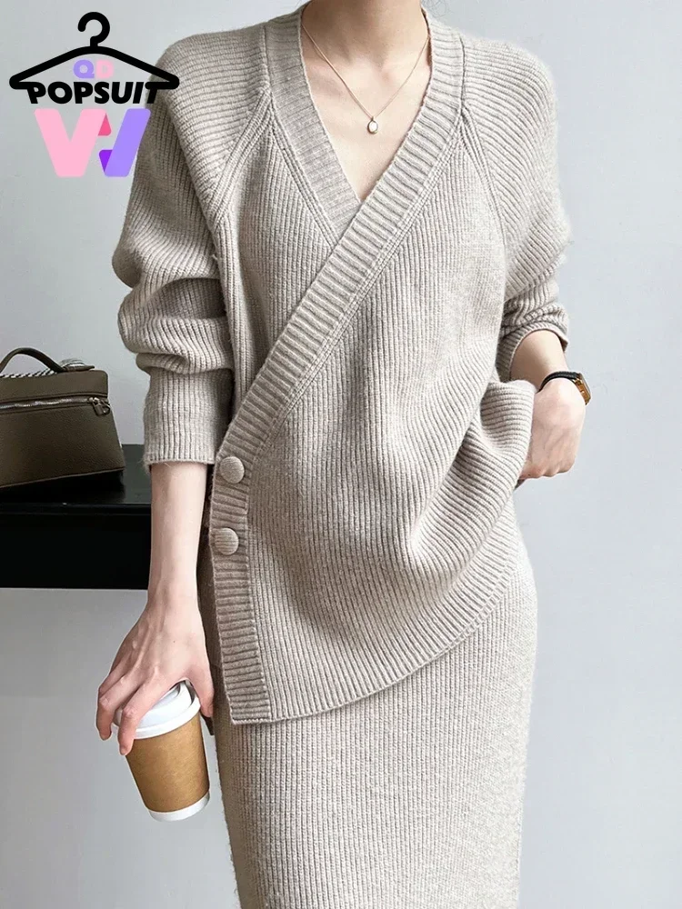 

New Autumn Winter Women Korean Knitted Dress Two- Pieces Dress V-neck Cardigan Top Dress Sets Casual Lazy Commuter Women Clothes