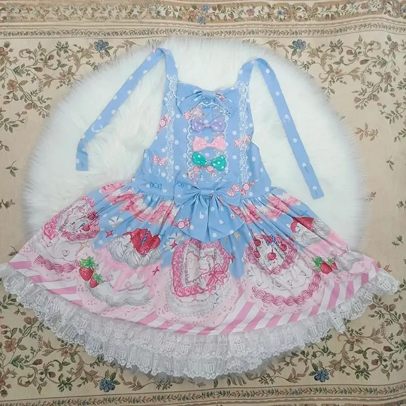 اليابانية Kawaii لينة جرلي الحلو لوليتا نمط فستان خمر ساحة طوق الكرتون كعكة مقوس دانتيل الحمالات JSK الأميرة 2025