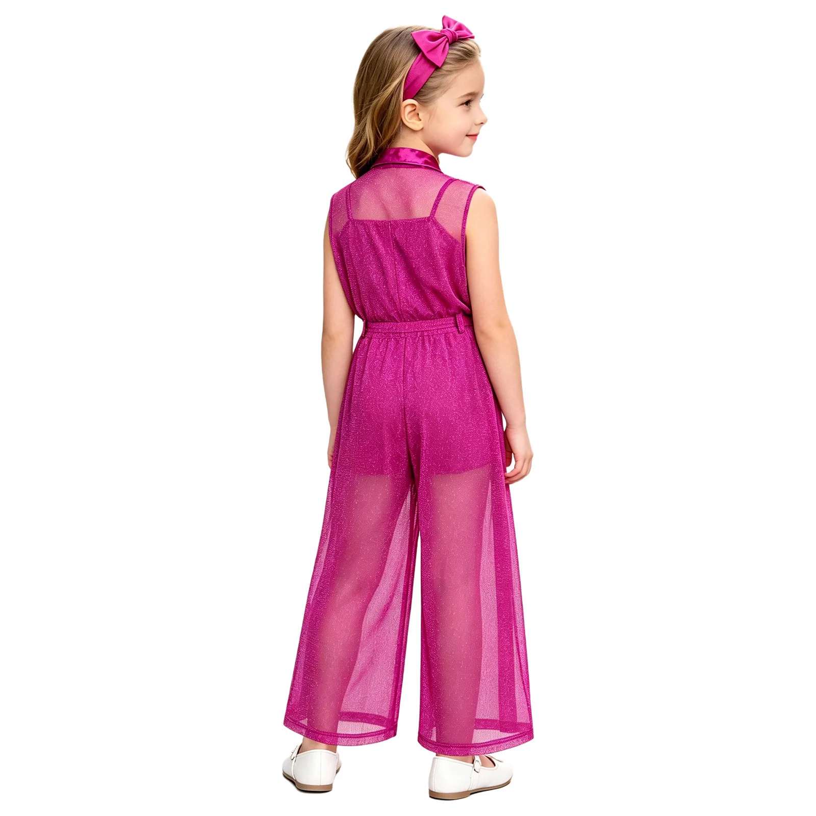 Kids Girls 2 Piece Outfits Shimmery Mesh Wide Leg Jumpsuit with Belt Metallic Bodysuit for Jazz Dance Birthday Pageant Party