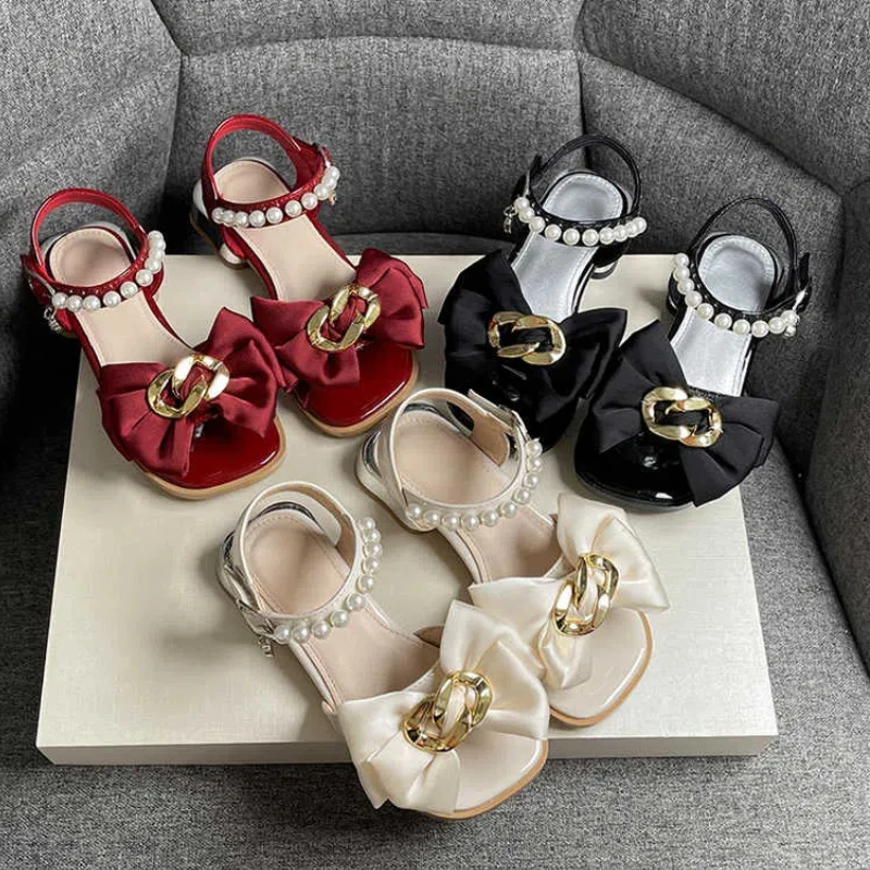 

Luxury Girl's Sandals Ribbon Metal Decor Square Toe Children Summer Shoes Low Heel Party Beautiful 26-36 Three Colors Kids Shoes