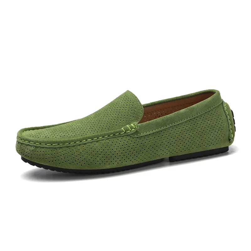 Sapatos casuais masculinos de couro genuíno, mocassins respiráveis para dirigir camurça de vaca verde, mocassins da moda, sapatos de escritório, verão