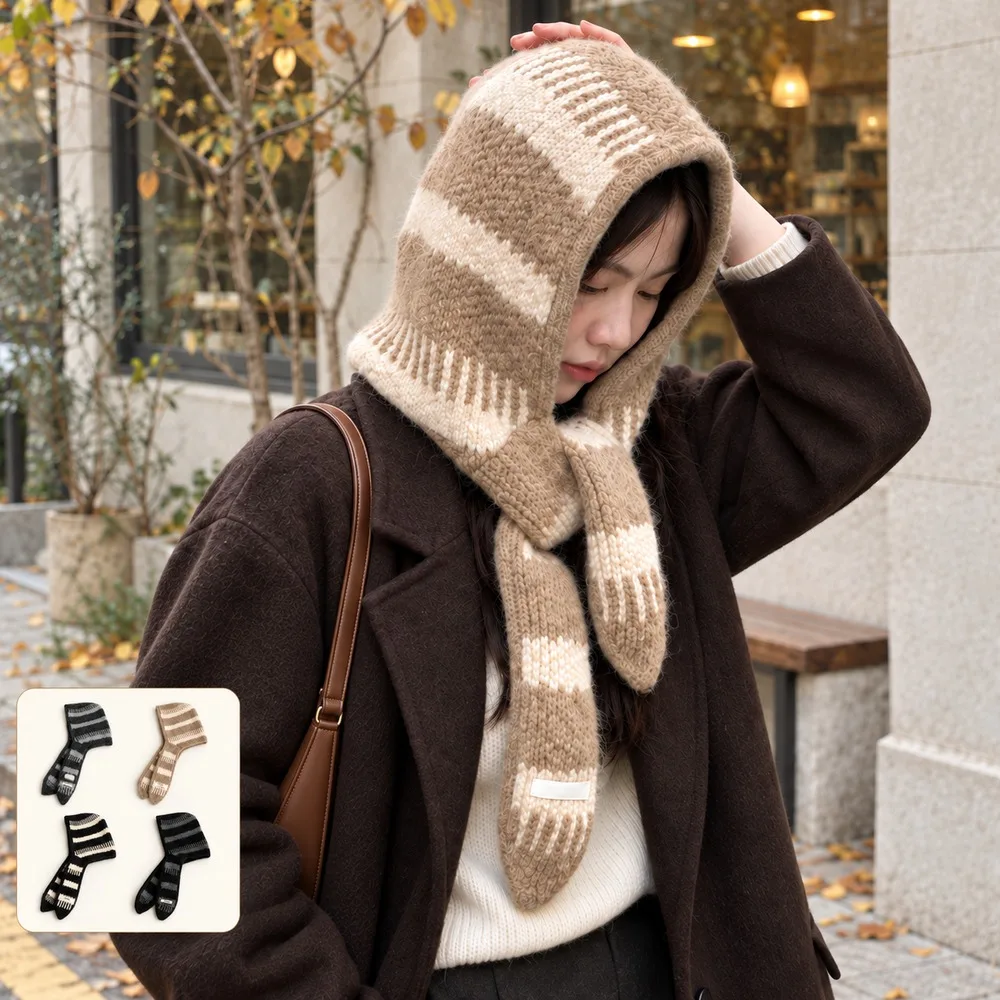 Women's Winter Knitted Hooded Scarf Striped Bonnet Hat with Attached Neck Wrap Autumn Outdoor Headwear Accessories