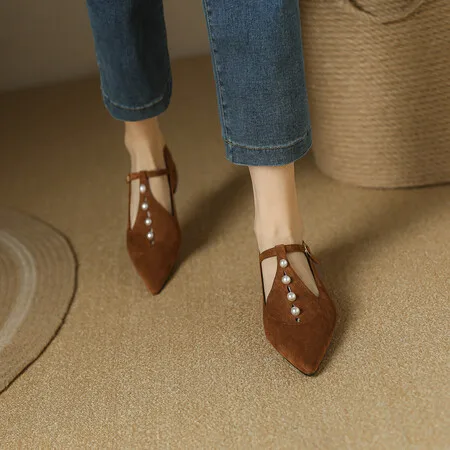 Pointed Large Size Low Heel Single Shoes Women 41 A 43 Shallow Mouth Suede Spring and Autumn Skirt Thick Heel Women's Shoes 40