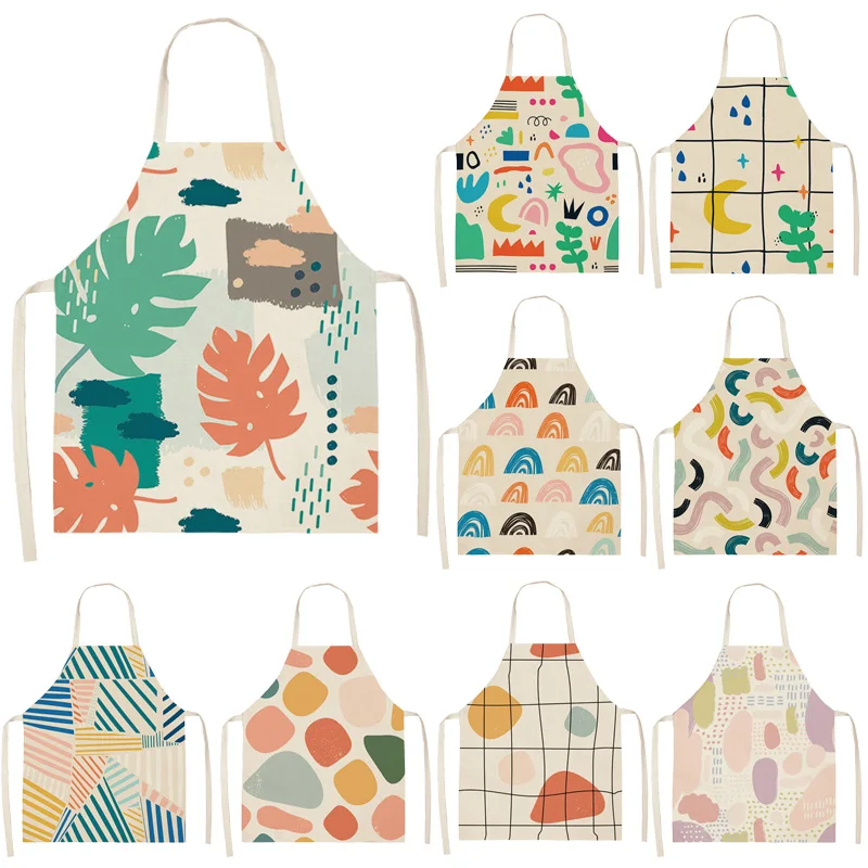 1Pcs Colorful Geometric patterns Cleaning Art Aprons Home Cooking Kitchen Apron Cook Wear Cotton Linen Adult Bibs 53*65cm WQ0119