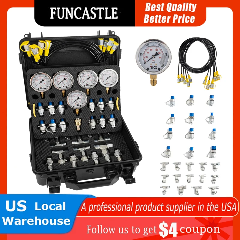 

Hydraulic Pressure Test Kit 600Bar Excavator Hydraulic Gauge Kit W/5 Test Gauges 13 Test Couplings 14 Tee Connectors Carry Box