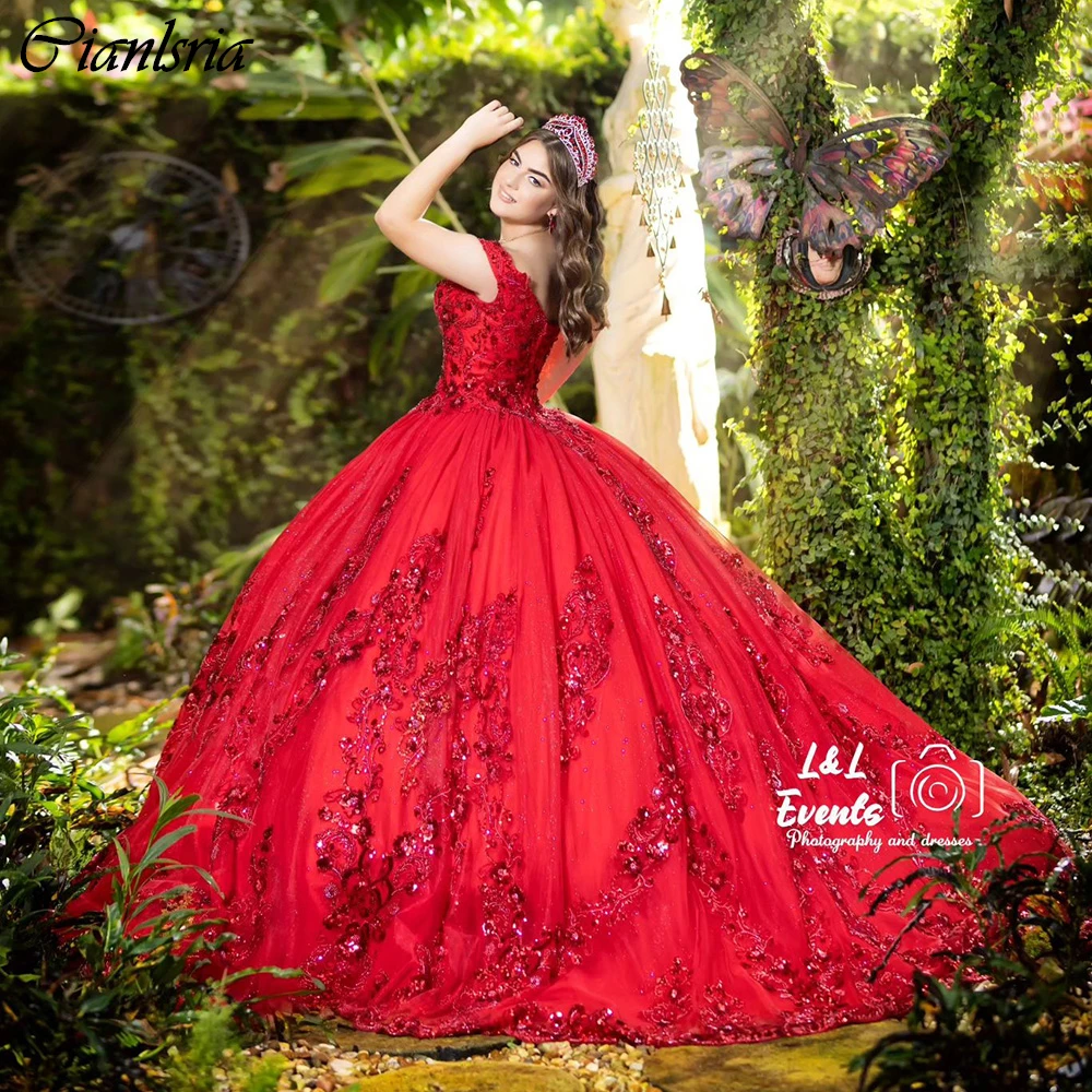 Vestido De baile De encaje con apliques De lentejuelas Rojas, quinceañera, corsé con hombros descubiertos, 15 Años