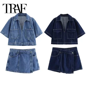 Traf blue denim shirt Short sleeve Sleeve Sleeding Women's Summer Short Short Woman Streetwear Y2K Elegant Women's Blouse 10 Main Sales Crop Shirt - №1