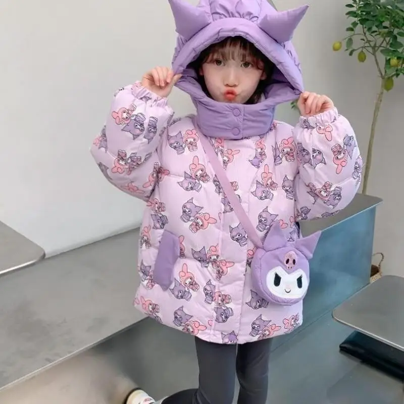 Girl Hooded Coat Sanrio Winter Thicken with Bag Child Cotton Coat Kuromi My Melody Cartoon Fashion Kawaii Cotton Padded Clothes