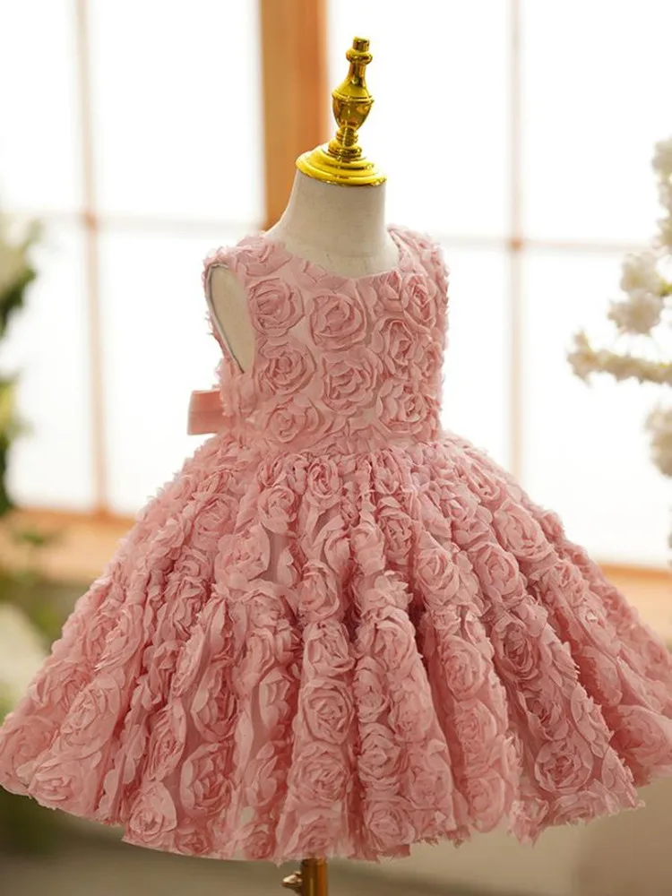 Kids Clothes New Children Princess Sleevless Pink Ball Gown Birthday Baptism Party Flower Girl Dresses A3688 Vestidos