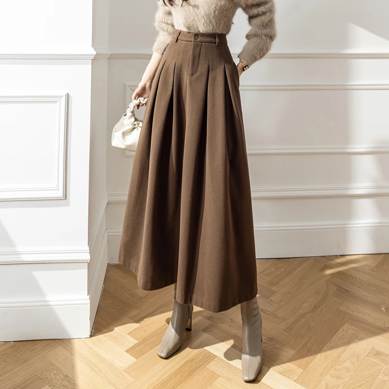 

Elegant Women Faux Woolen Skirts Office Ladies Pockets Loose A-Line High Waist Midi Skirt Female Fall Winter Long Pleated Faldas