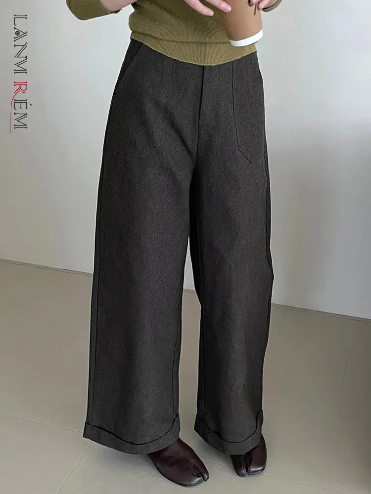 

[LANMREM] High Waist Straight Wide Leg Pants For Women Dark Gray Office Lady Loose Trousers Fashion 2024 Autumn New 26C542