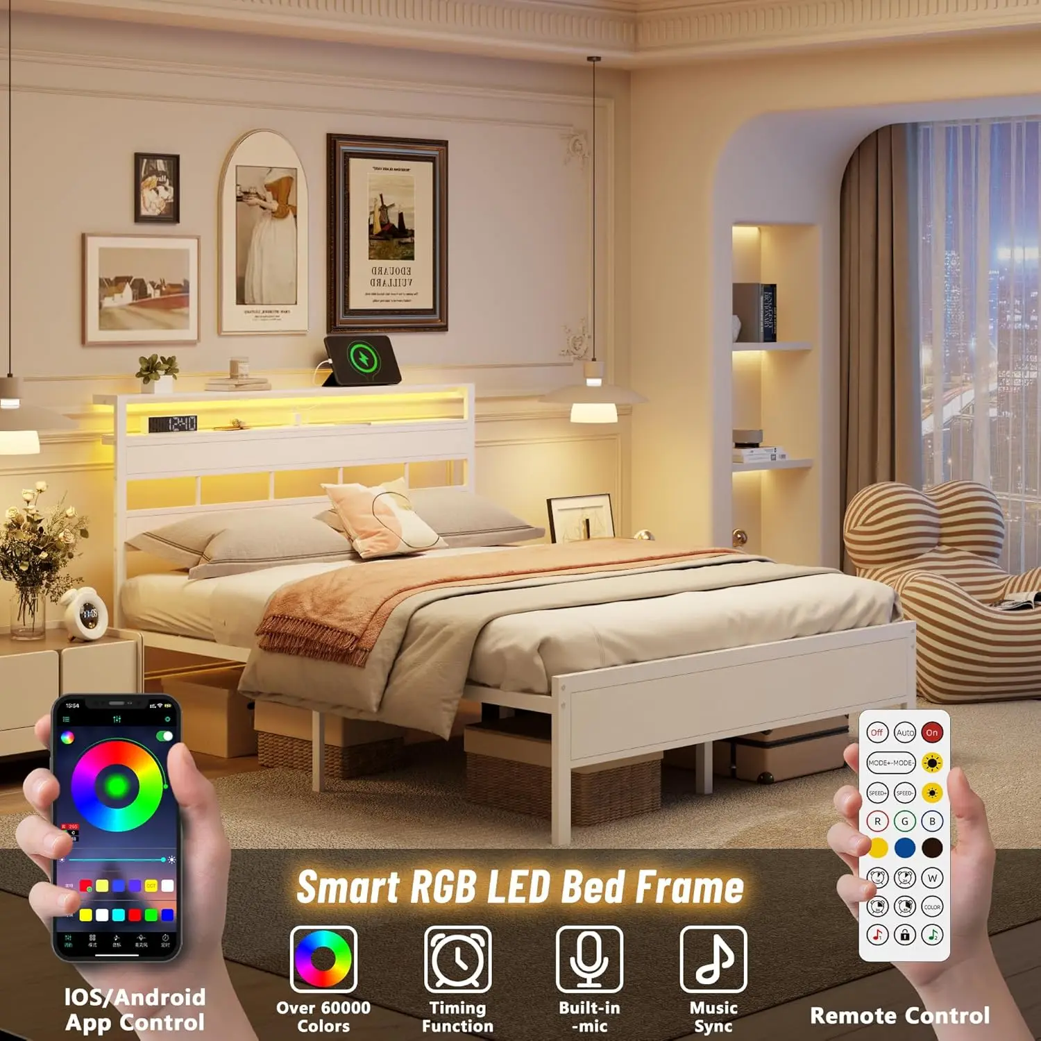 Customized Metal Bed Frame with Storage Headboard and LED Lights, Charging Station and USB Port, Queen, Customized