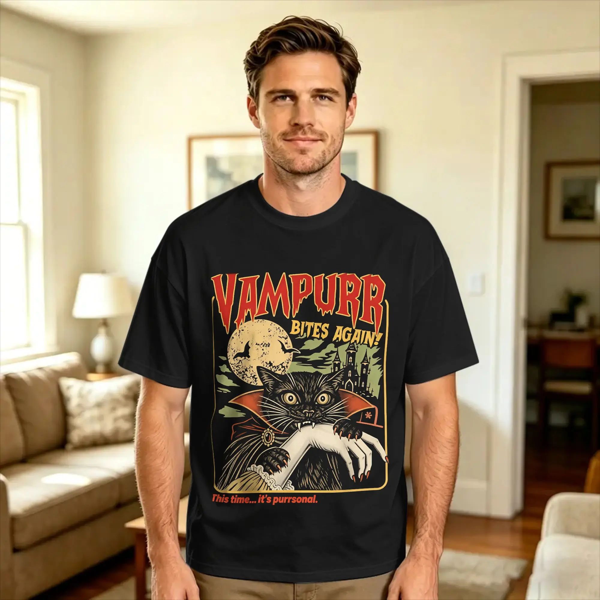 Men Vintage Vampurr Bites Again Spooky Black Cat T Shirts  100 Cotton Tops Summer Streetwear Short-Sleeved T-Shirt O Neck