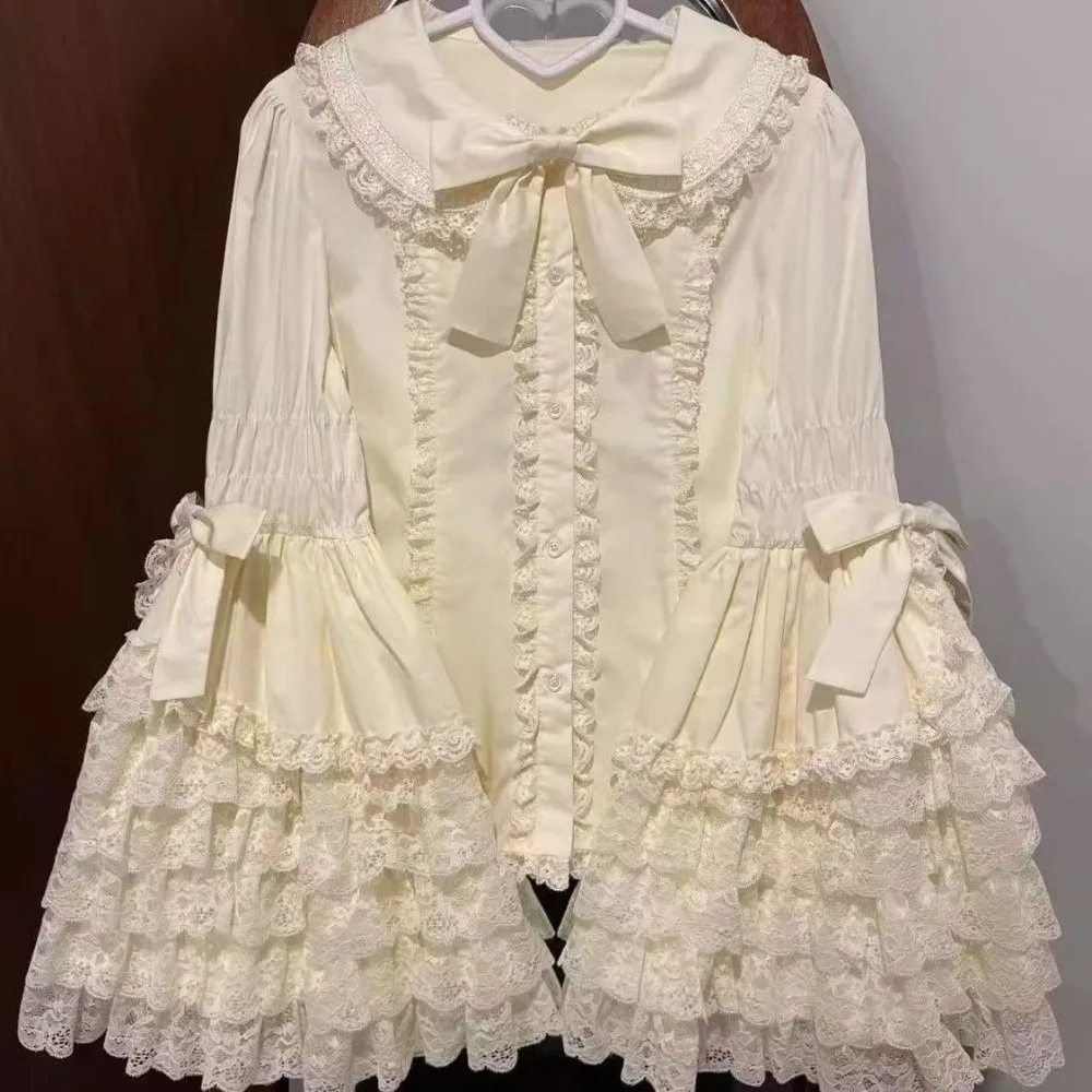 Cute Lace Lolita Princess Sleeve Shirt Vintage Bow Lolita Inner Wear Court Style Long-Sleeved Ruffles Blouse Lolita Top