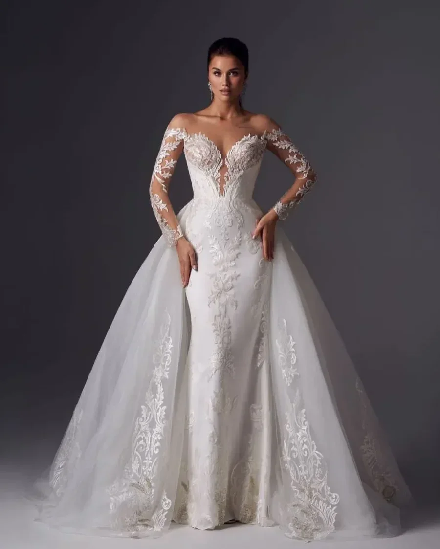 Best Seller Elegant Lace Mermaid Wedding Dresses With Detachable Train Long Sleeve Sweetheart Neck Bridal Gowns Robe De Mariee