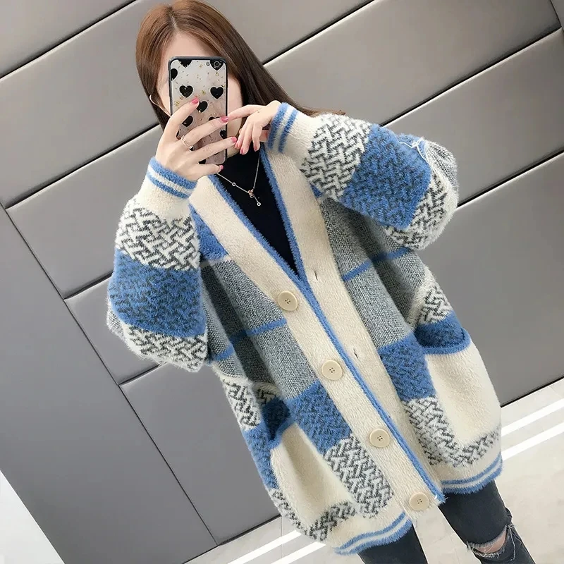 Mink Velvet Knitted Cardigan Jacket Women\'s 2022 New Loose Ladies Sweater Outerwear Spring And Autumn All-Match Button Jacket