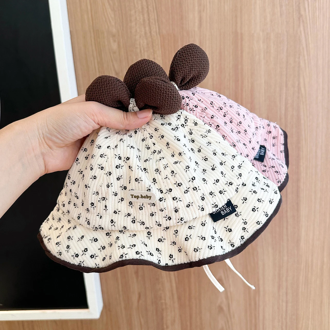 

Sweet Bow Fisherman Hat Print Flower Kids Dome Bucket Hats Drawstring Baby Sunshade Basin Cap 6-24Month Princess Girl Sun Visors