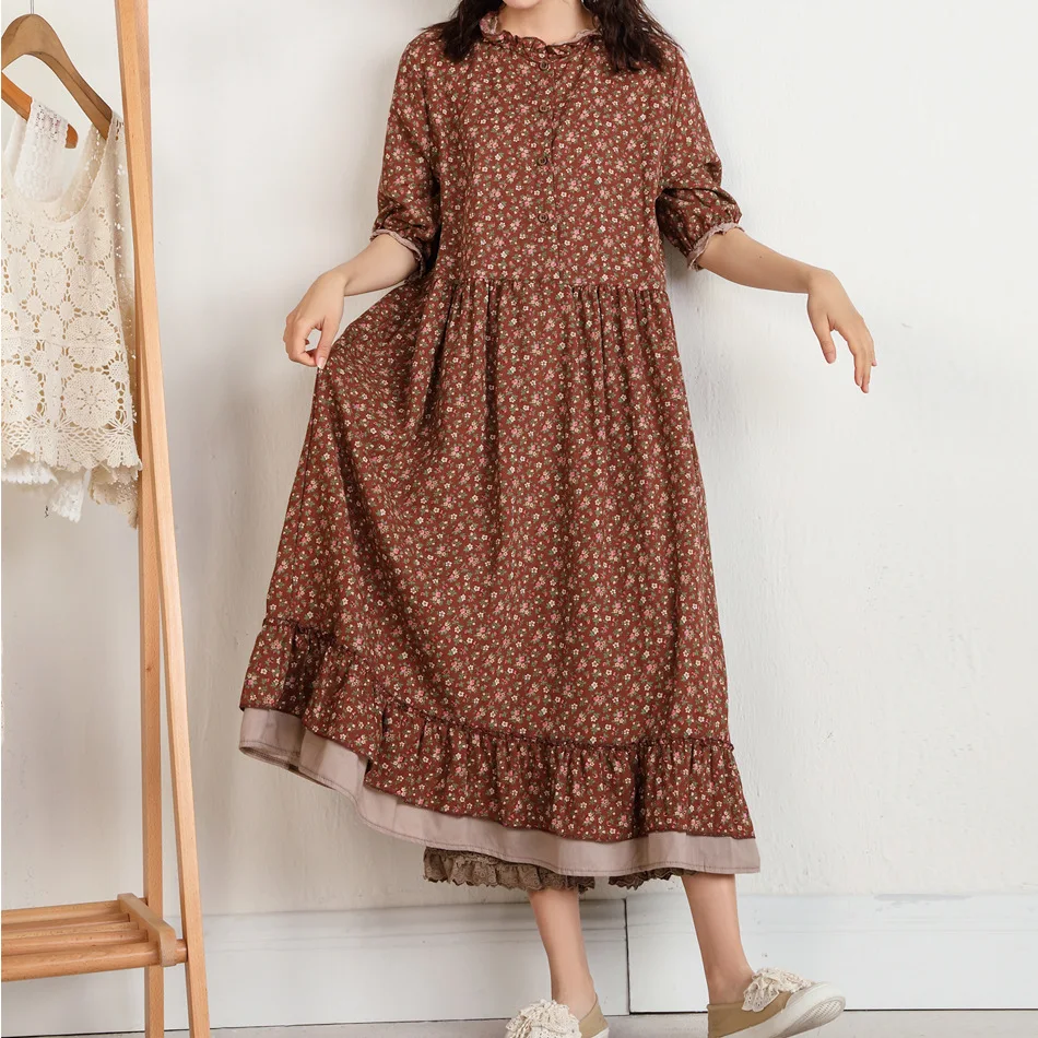 Japanese Fashion Print Dress Pretty Cotton Linen Spring Women New Floral Loose Long-sleeved  Dress Midi Vestido de Mujer Clothes