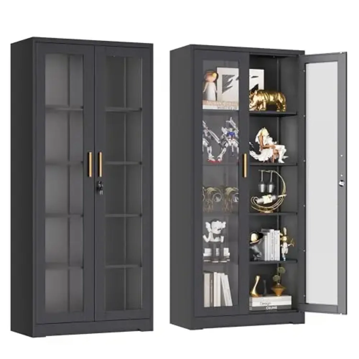 Lockable Display Cabinet with Glass Doors and 4 Adjustable Shelves | Curio Cabinets，Liquor Bookcase Bookshelf with