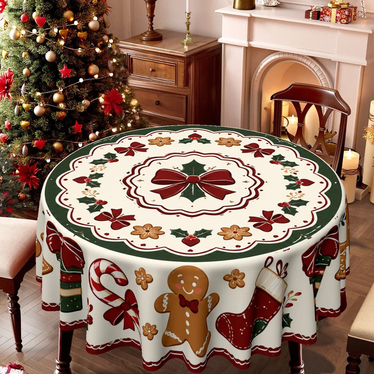 1 tablecloth, Christmas holiday theme, with holiday patterns of gingerbread men, candy canes, gifts, stockings, and holly