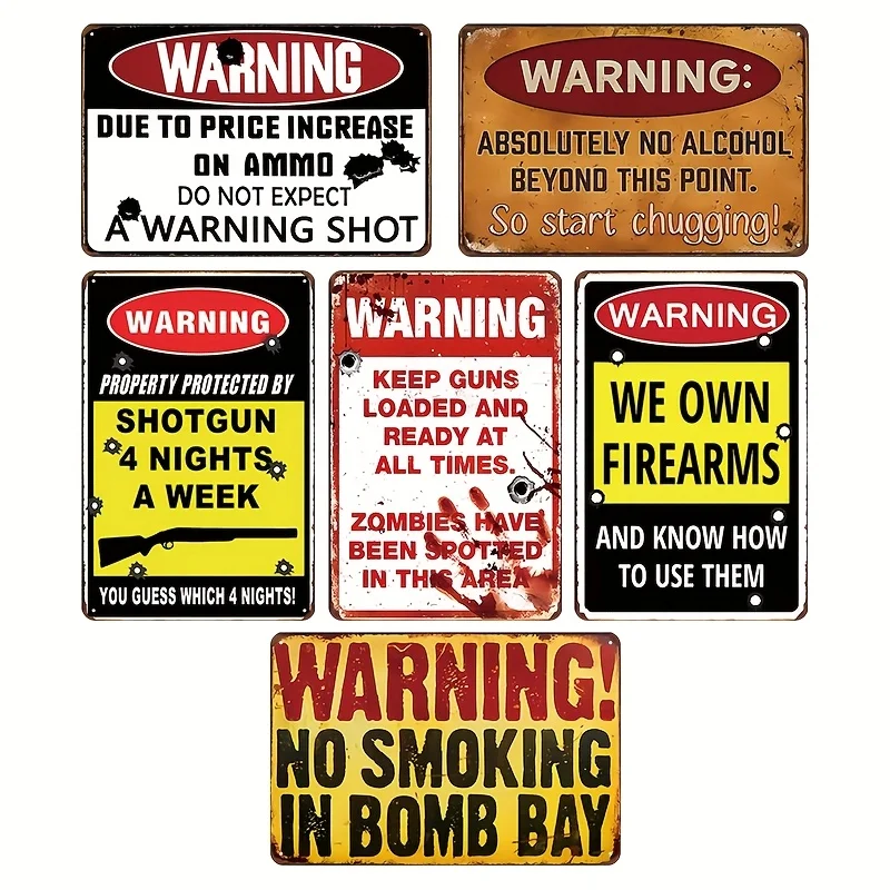 2D Flat - Set of 6 Vintage-Style Metal Warning Signs, Measuring 12.0X8.0 inch, Featuring Humorous Quotes. These Durable Decorati