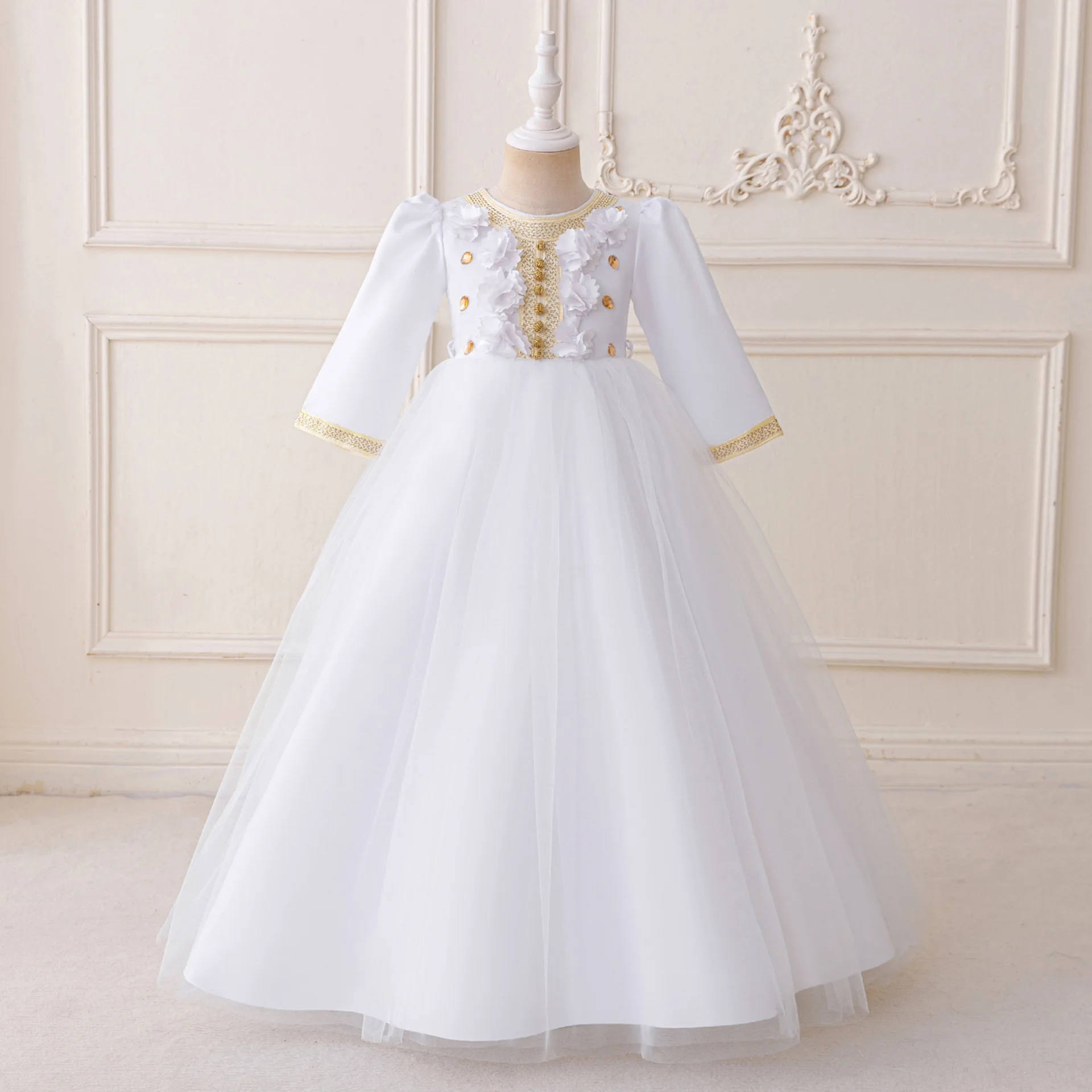 Ramadan Arabic Dress for 4-7y Kid Girl, Rhinestone & 3D Flower & Tulle Decorations Evening Party Wedding Dubai Islamic Clothing