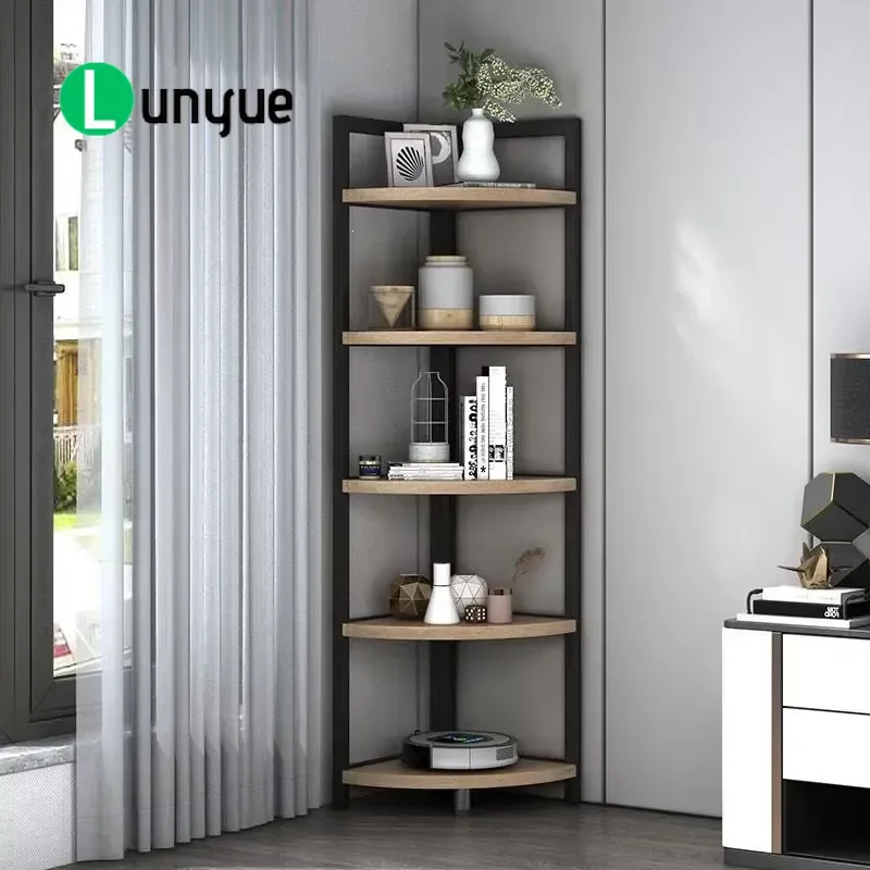 Triangular Corner Shelf Unit Simple Modern Design Wood Material Living Room Bookcase Storage Organizer Space Saving Furniture