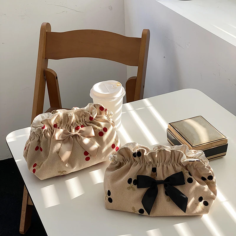 Soft Corduroy Cherry Make Up Bags for Mom Mommy Bag Baby Diaper Nappy Organizer Bowknot Women Evening Cluth Purse Maternity Bag