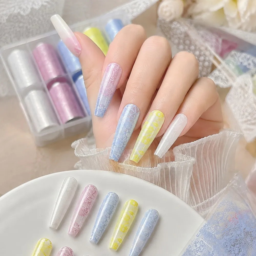 10 Rolls/Box Lace Nail Transfer Foil Sticker Macaron Color Floral Lace Nail Art Stickers Hollow Flower Pattern Manicure Decals