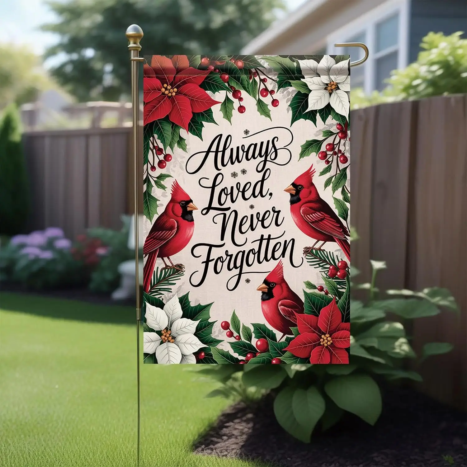 Cardinal Memorial Garden Flag 12x18 Inch Double Sided Always Loved Never Forgotten Forever Missed Memorial Day Gravesite Say uui