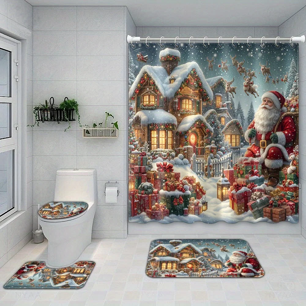 4Pcs Xmas Cottage Santa Gift Box Shower Curtain, 12 Hooks, Non-Slip Mat, Toilet Cover & U-Shaped Pad, New Year Bathroom Decor