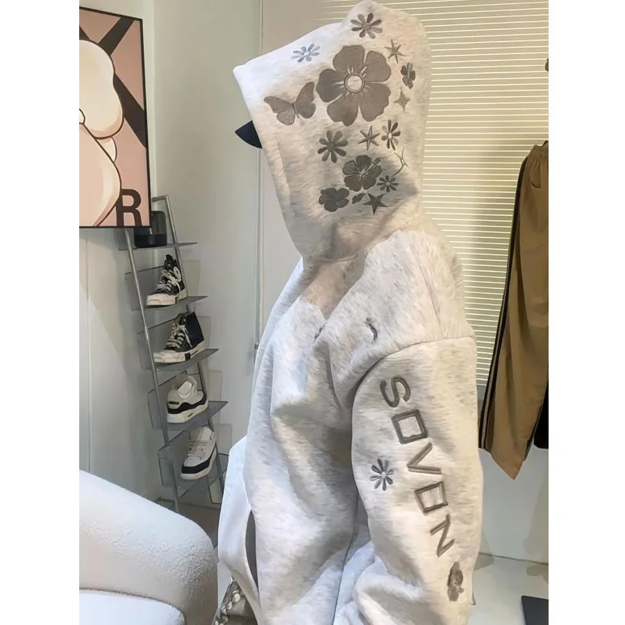 

Утепленная толстовка оверсайз с вышивкой и флисовой подкладкой, в американском стиле, осенне-зимняя, свободная верхняя одежда