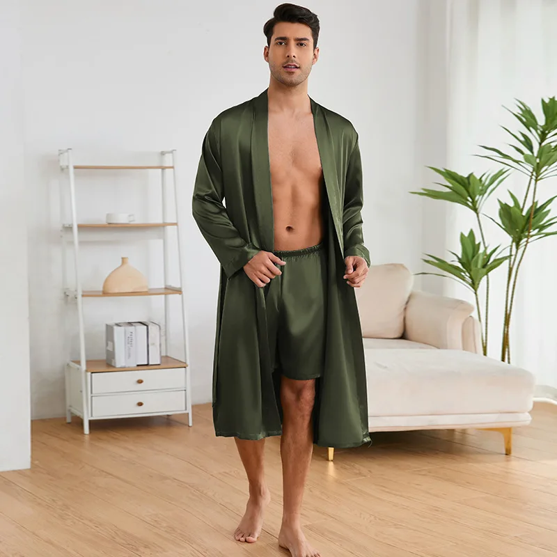 Solid Color Simple Homewear Men's Sleepwear Silk Satin Robe Shorts Pajamas Suit Spring Autumn Long Sleeved Bathrobe Nightgown