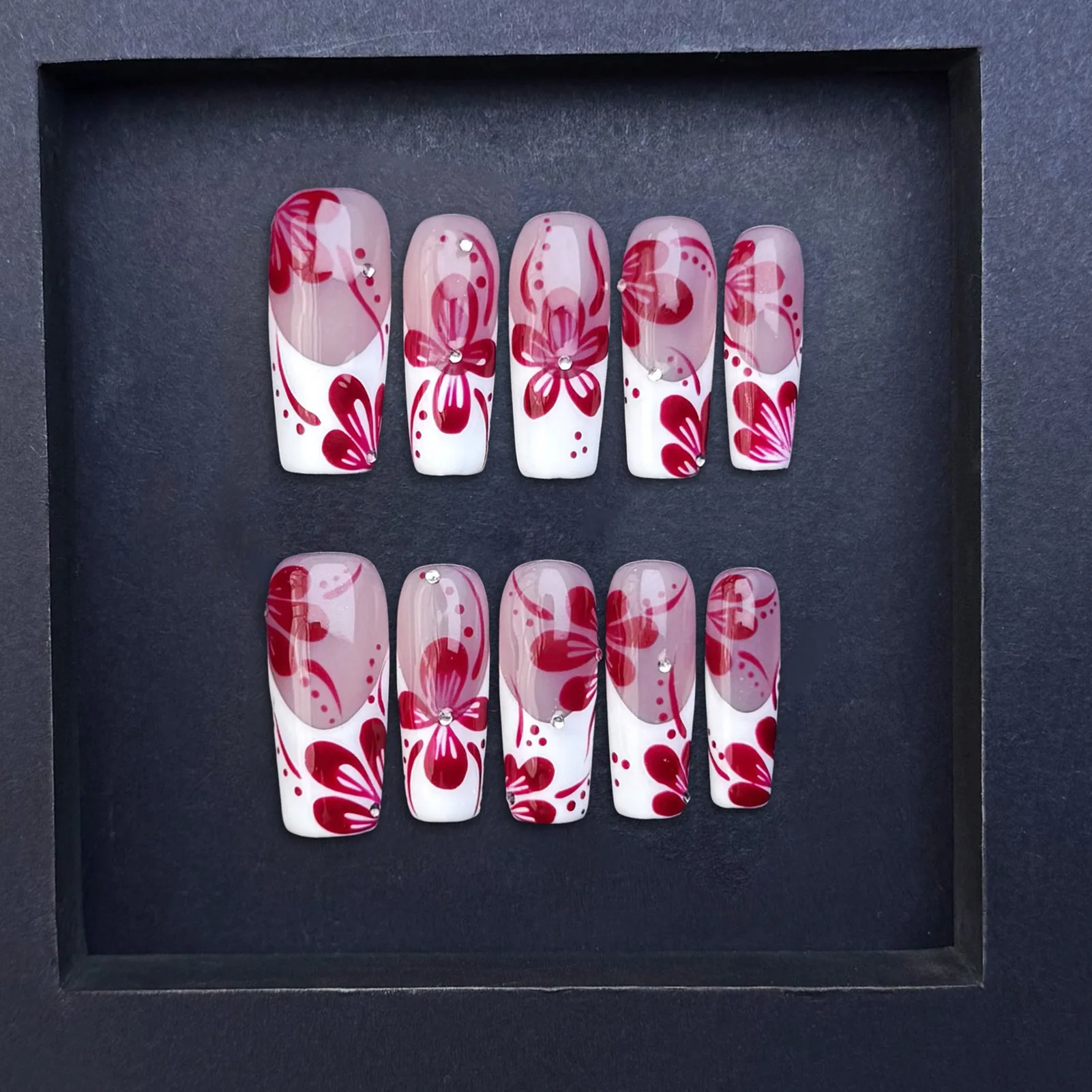 

10Pcs White French Handmade Press On Nails Red Flower Printed Nude Color Fake Nails Full Cover Acrylic False Nails for Manicure