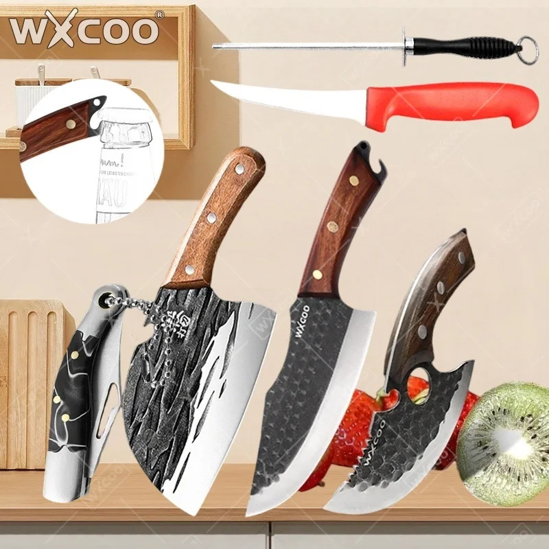 

WXCOO 1pcs Hand-forged Kitchen Knife Multifunctional Boning Cleaver Knives Bottle Opener Butcher Knife for BBQ Cooking Chef