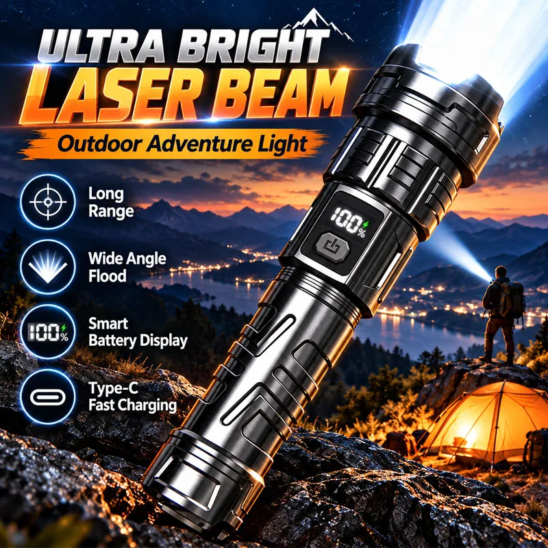 Super Bright White Laser Flashlight Adjustable Focus Tactical Torch Digital Screen Power Indicator Rechargeable Resistant for