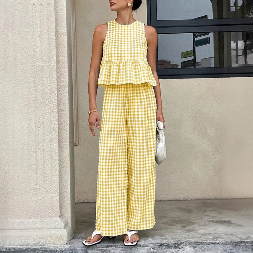 

Women Tank Top Pants Two-Piece Set Summer Plaid Sleeveless Ruffle T-shirt Wide Legs Trousers Loose Casual Shirt Waist Trousers