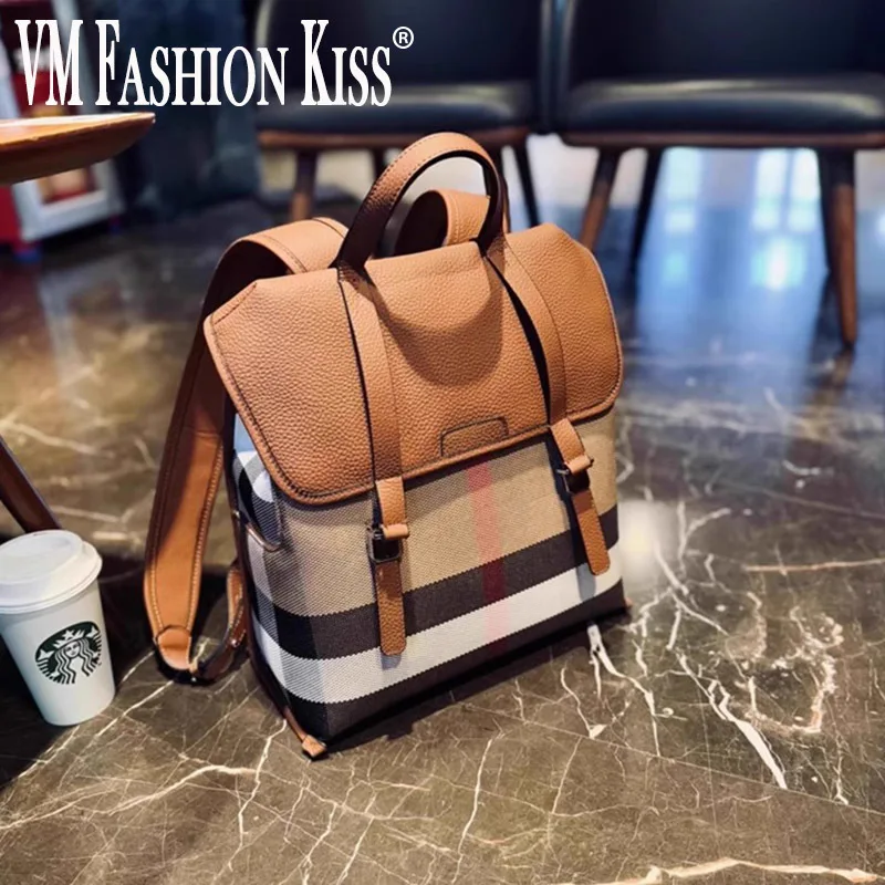 

Large-stripe Canvas And Pebbled Leather Stylish Fashionable Backpack In Brown Or Black. Large Capacity, Unisex, Everyday Use.