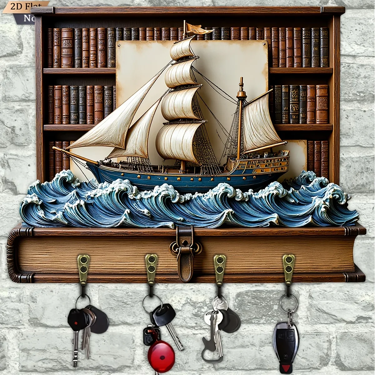 2D Flat, 1pc, Sailboat-shaped Key Hook, Wooden Multi-functional Home Key Rack, with Four Metal Hooks, Wall Decoration, Porch