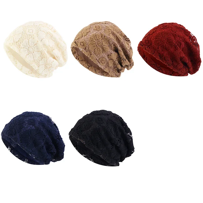 Spring and Autumn Thin Hook Weaving Pattern Double Layer Beanies Musilm Wrap Head Cap