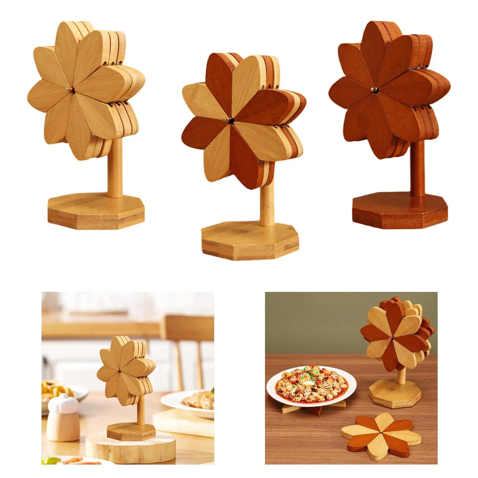 3x Bamboo Trivets Creative Table Centerpiece Pot Holder Windmill Shaped Coaster for Teapot Bowl Countertop Dishes Hot Pot