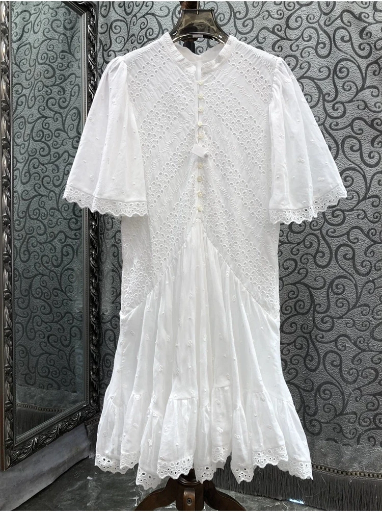 

100%Cotton Dress 2024 Summer Fashion Style Women Turn-down Collar Vintage Floral Print Belt Deco Short Sleeve Mid-Calf Dress