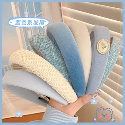 New Korean Style Sponge Headband for Women Elegant Gold Label Blue Wide Brimmed Hair Band Fashion Girl Face Wash Hair Hoop