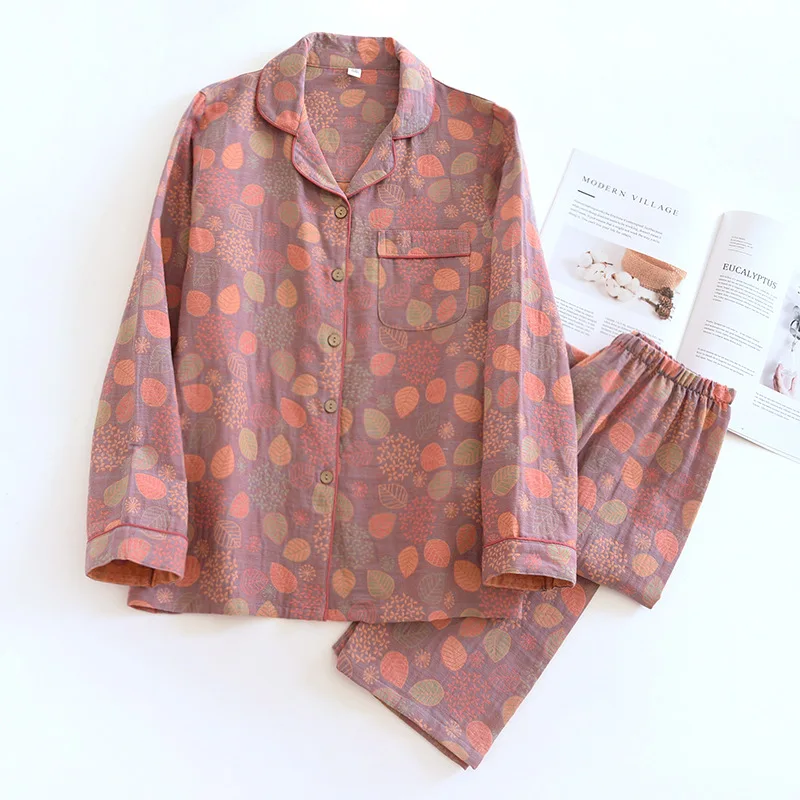 2026 Neue Frühlings- und Sommer-Damen-Pyjama-Sets, Langarm-Hosenanzug, Zweiteilig, 100% Baumwolle, Krepp, Blumen- und Blättermuster, Hauskleidung – Detail 6