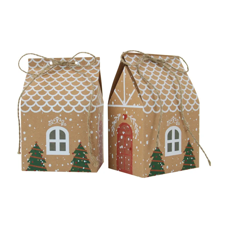 Kraft Paper Christmas Gift Box Christmas House Style Gift Candy Bag Kraft Paper Candy Bag Cookies Box New Year Party Supplies