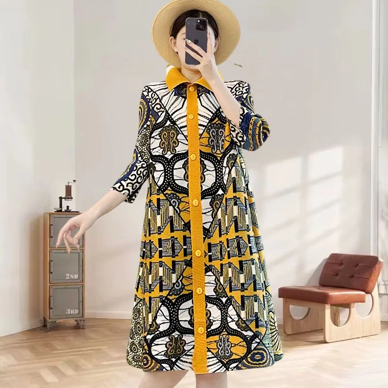 

Miyake плиссированное платье с персонализированным принтом, осень 2022, новое свободное длинное платье с лацканами больших размеров, повседневное универсальное платье со складками, женская одежда