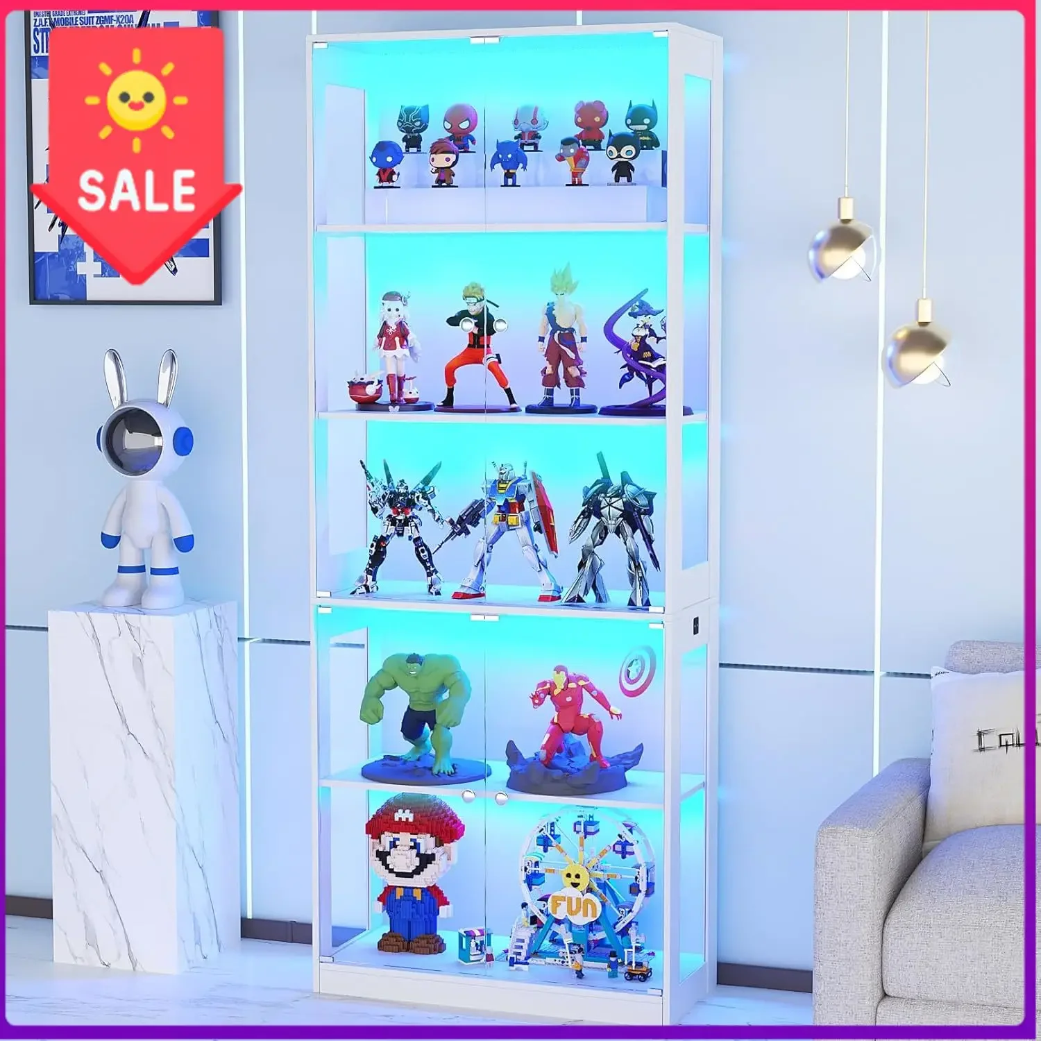 80'' Display Cabinet with Glass Door 5-Tier Display Case | Human Body Sensor, 3 Color LED Lighting, Curio Cabinet for Collectibl